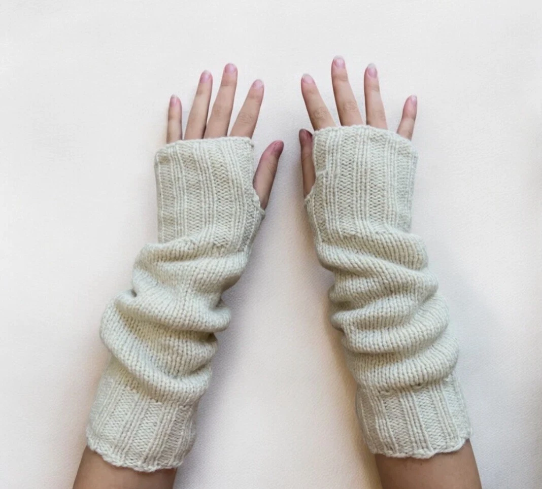 NEW Alpaca Wool Ivory Handknit Fingerless Winter Gloves Arm Warmers Fleece Lined