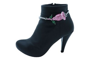 Women Silver Metal Chain Boot Bracelet Shoe Pink Flower Fancy Look Anklet Charm