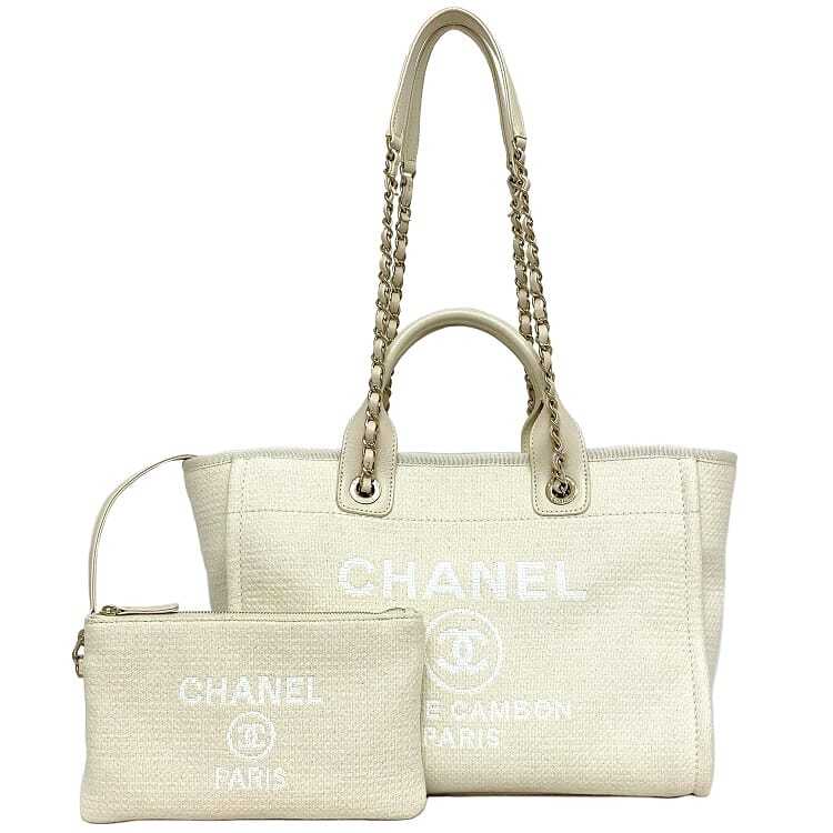 CHANEL Deauville MM 2way Tote Bag White Gold Chain Good Condition