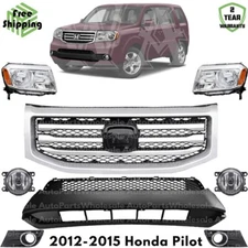 Front Grille Assembly Chrome & Headlight Assembly Kit For 2012-2015 Honda Pilot