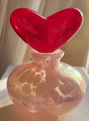 PINK swirlArt Glass PERFUME BOTTLE Red HEART Stopper Hand-Blown VALENTINE's DAY 
