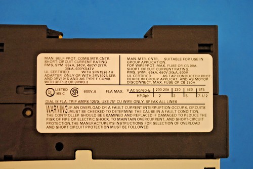 Used Siemens 3RV1021-1HA10 Manual Motor Starter, Adjustable Overload 5.5-8.0 Amp - Picture 6 of 7
