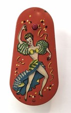 Vtg Tin Litho Ratchet Crank Noisemaker Toy Latin Flamingo Dancer New Years Party