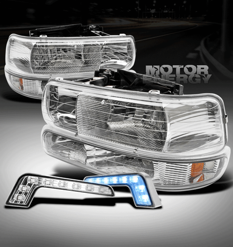 99-02 SILVERADO/TAHOE/SUBURBAN CRYSTAL HEAD LIGHT+BUMPER SIGNAL+BLUE LED DRL KIT - Bild 1 von 4
