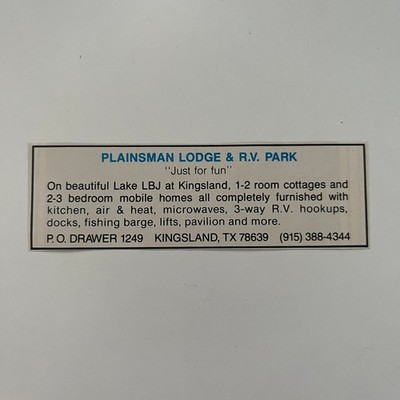 Plainsman Lodge & R. V. Park Kingsland TX c1980 Highland Lakes TX Ad SAH9-M1