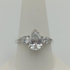 925 Sterling Silver Pear Shaped Cubic Zirconia CZ 3-Stone Engagement Ring sz 10