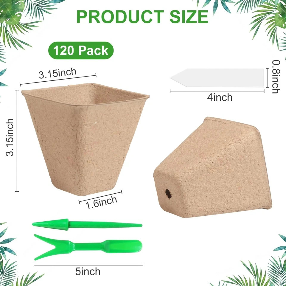 120 Pack 3.15 Inch Square Peat Pots for Seedlings, Seed Starting Pots with Dr...