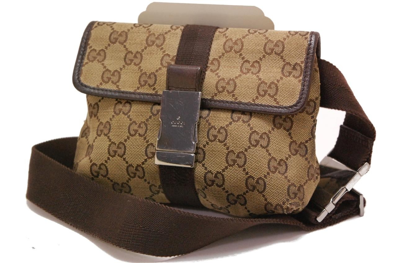 Auth Gucci GG Monogram Canvas Waist Belt Fanny Pack Brown 0814a