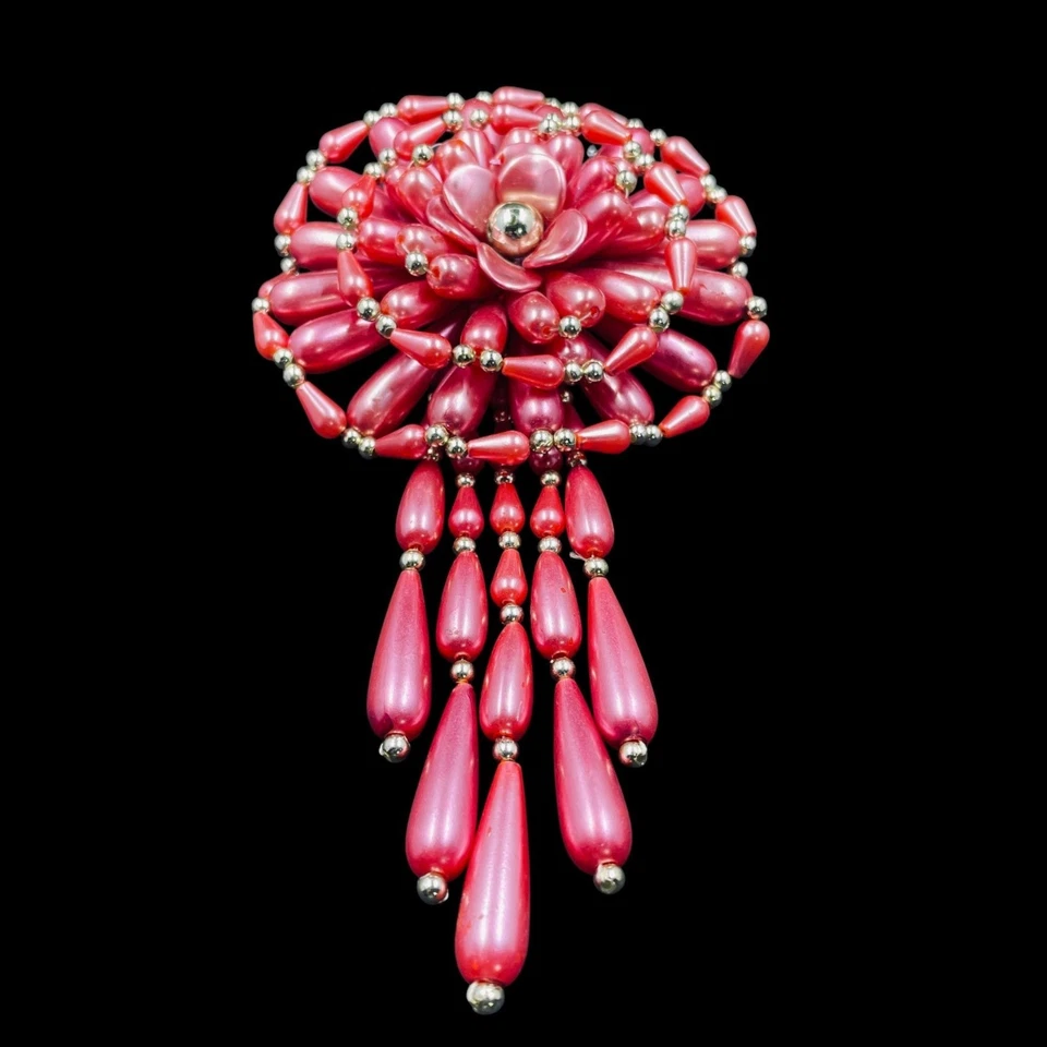 Handmade Beaded Hair Clip Pink Flower Statement Barrette Festival Boho Jewelry - Image 3 of 4