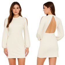Shelley Wood White Long Sleeve Backless Mini Dress Cocktail Party Chic Size LG