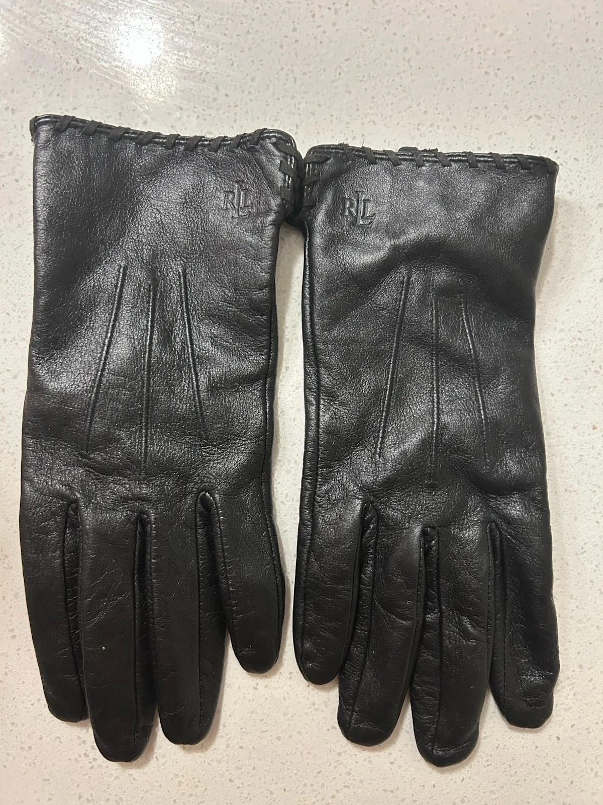 Lauren Ralph Lauren Black Leather Gloves Whipstitch RL Logo Women’s L