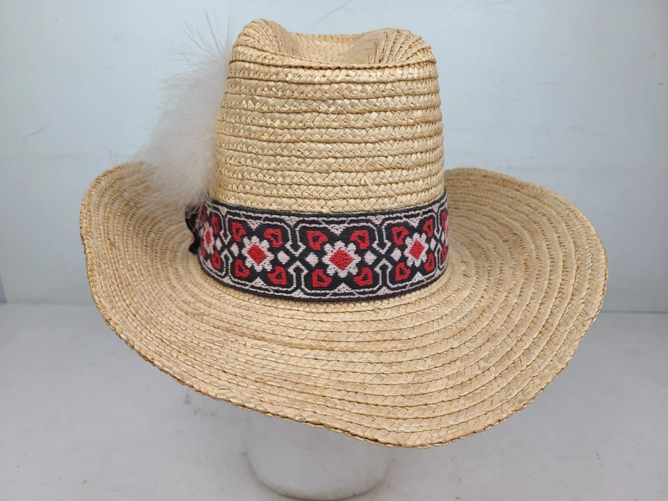 Vintage Ranger Cowboy Western Straw Feathered Hat Ranger Resources M 3.5" Brim - Image 4 of 4