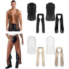 Mens Vest And Chaps Dress Up Outfit Motorcycle Style Cowboy Costume Retro Fancy