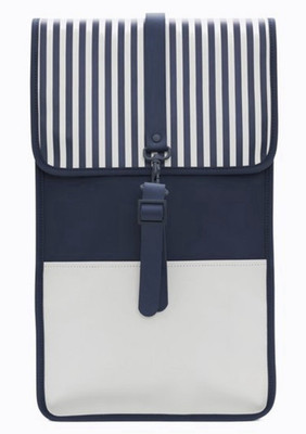 Rains Damen Rucksack groß blau/weiß gestreift Polyurethan Schnallenriemen