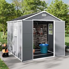 Grey Plastic Outdoor Storage Shed 8x8 FT with Double Windows for Tool Bike Store