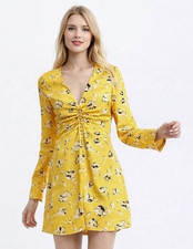 Zara Yellow Floral Dress Size M UK 12 10 Button Long Sleeve V neck Mini Spring