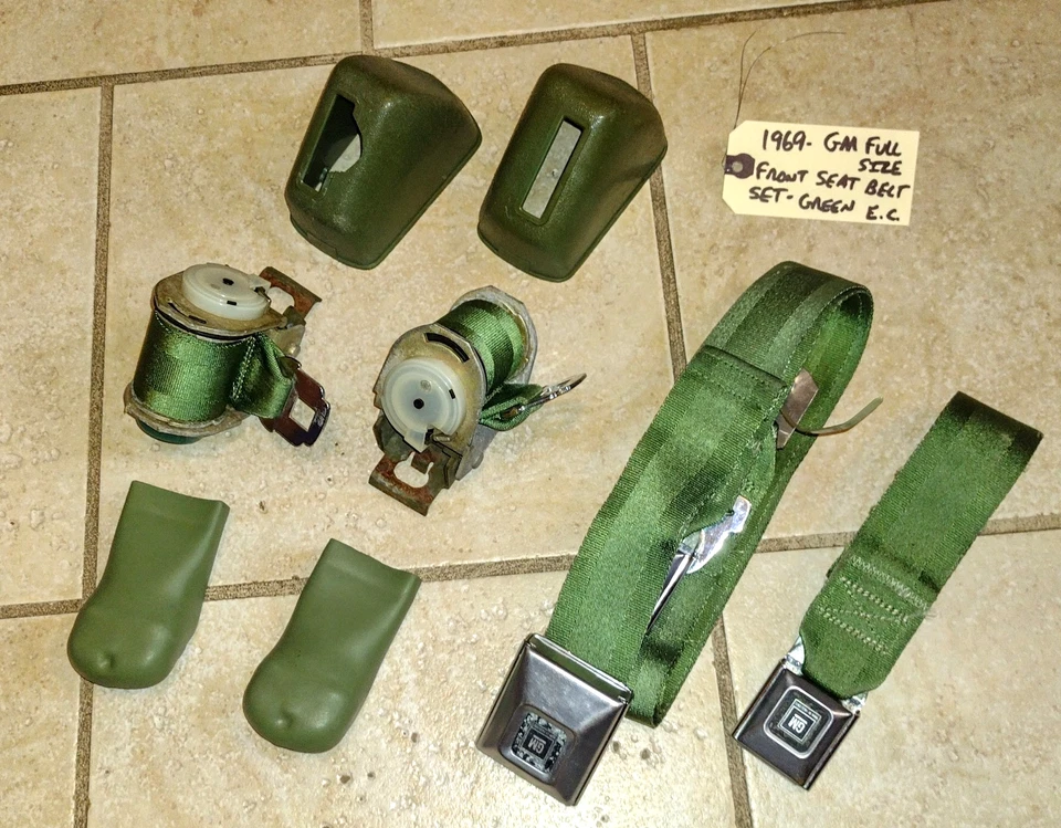 Juego de cinturones de seguridad delanteros GM Cadillac Buick Chevy GREEN de finales de los años 60 10 PIEZAS *EC* Foto 3 de 4