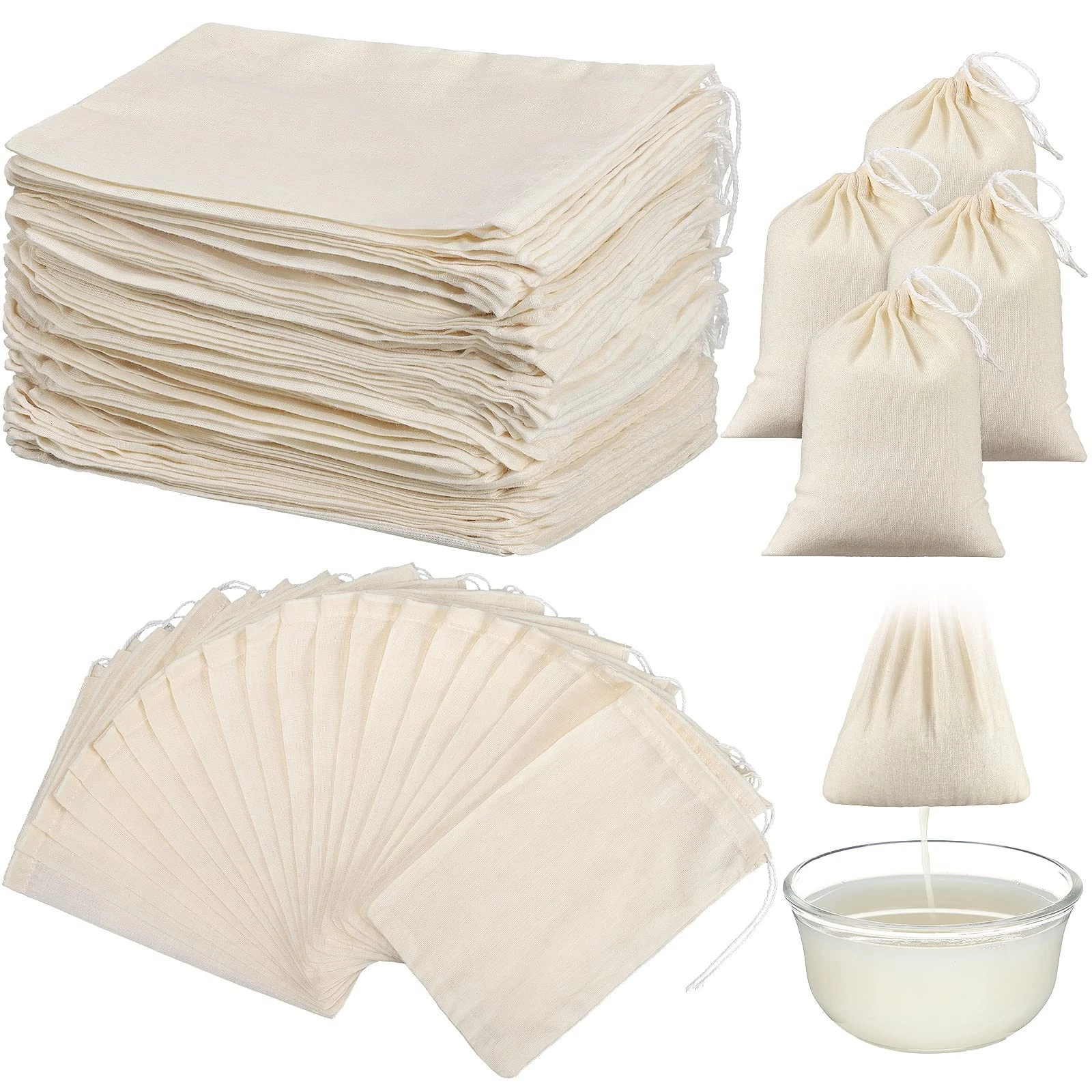100 Pieces Cheesecloth Bags for Straining Reusable Tea Filter Muslin Bags Col...