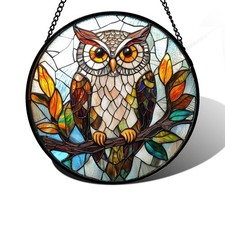 Stained Glass Window Hanging, Owl Colorful Leaves Birds Sun Catchers Diamond ...