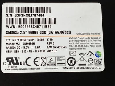 Lot of 2 Samsung SM863a MZ-7KM960N 960 GB 2.5 in Solid State Drive