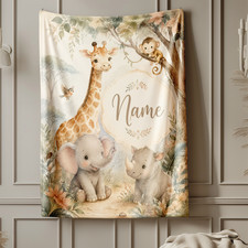 Watercolor Giraffe Elephant Rhino Coral Fleece Blanket Custom Name