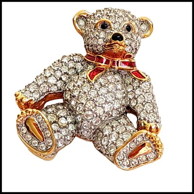 Swarovski Crystal Teddy Bear Brooch Clear White Color Red Scarf Enamel Pin
