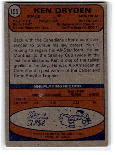 1974-75 Topps Ken Dryden #155 Canadiens - Foto 2 di 2