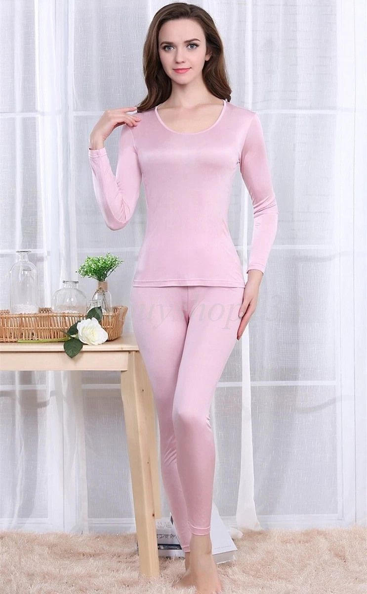 Womens Pure Silk Thermal Underwear Set Long Johns Base Layer Top Bottom  Pajamas