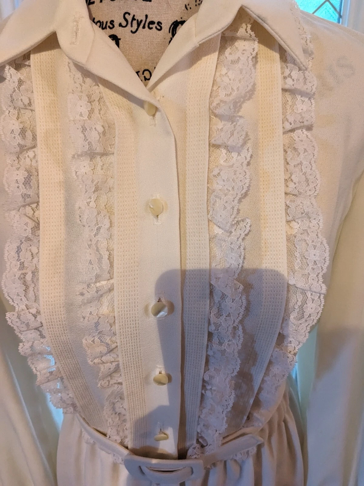 OFF WHITE Abito donna vintage taglia 8 bianco sporco manica lunga poliestere con pizzo e cintura di
