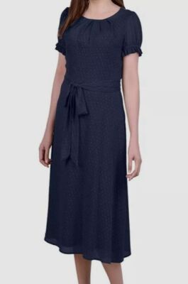 NY Collection Women's Blue Swiss Dot Self Tie Dress Petite Size PL