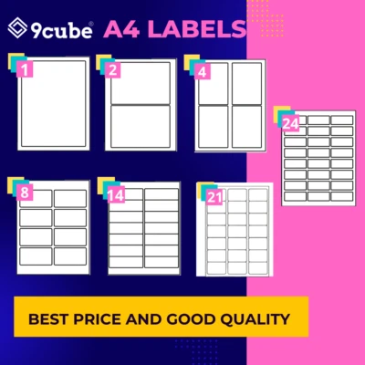 9CUBE A4 Address Labels Self-Adhesive White Sheets Sticker Paper Laser Printer Inkjet