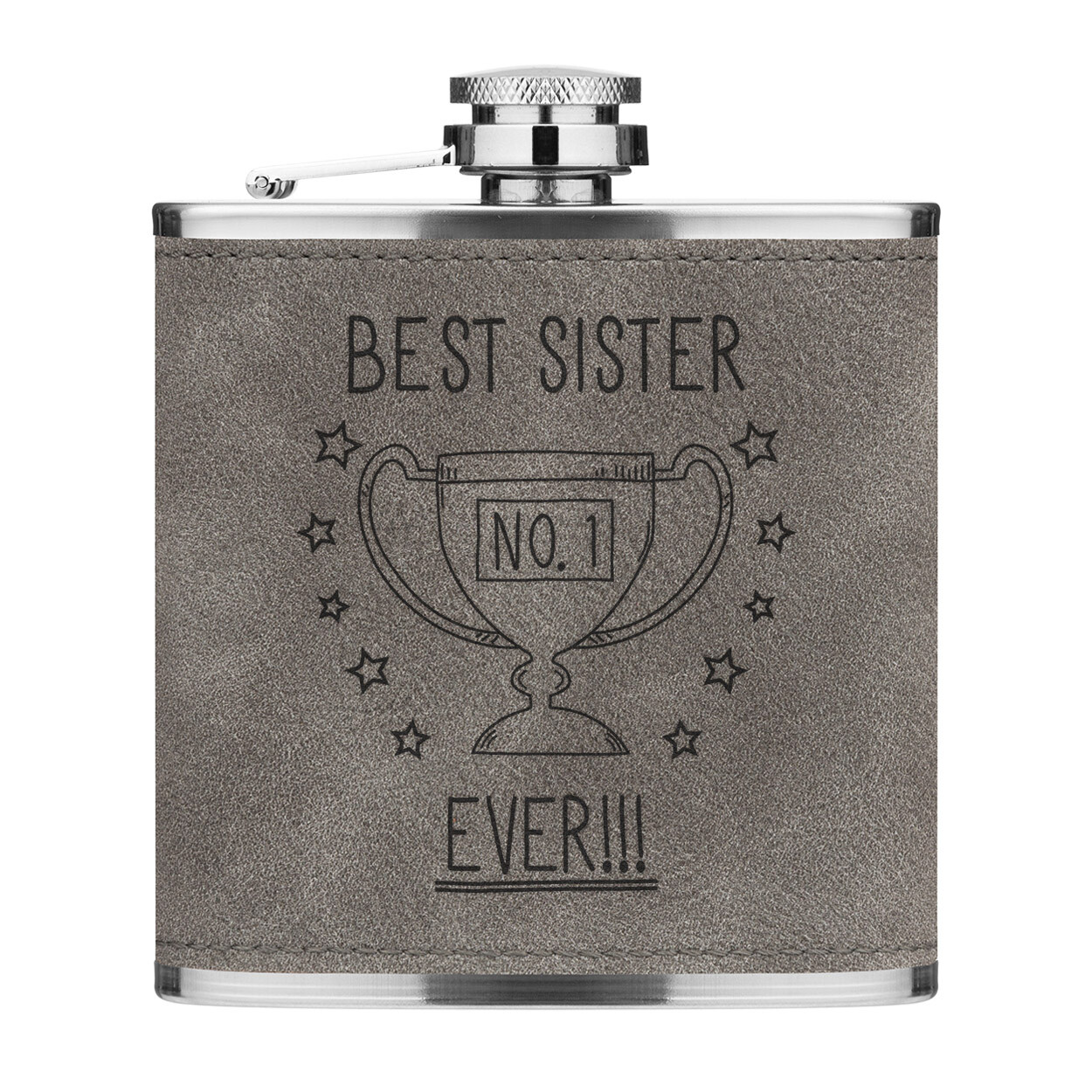 Best Sister Ever No.1 Trophy 6oz PU Leather Hip Flask Grey Funny Favourite