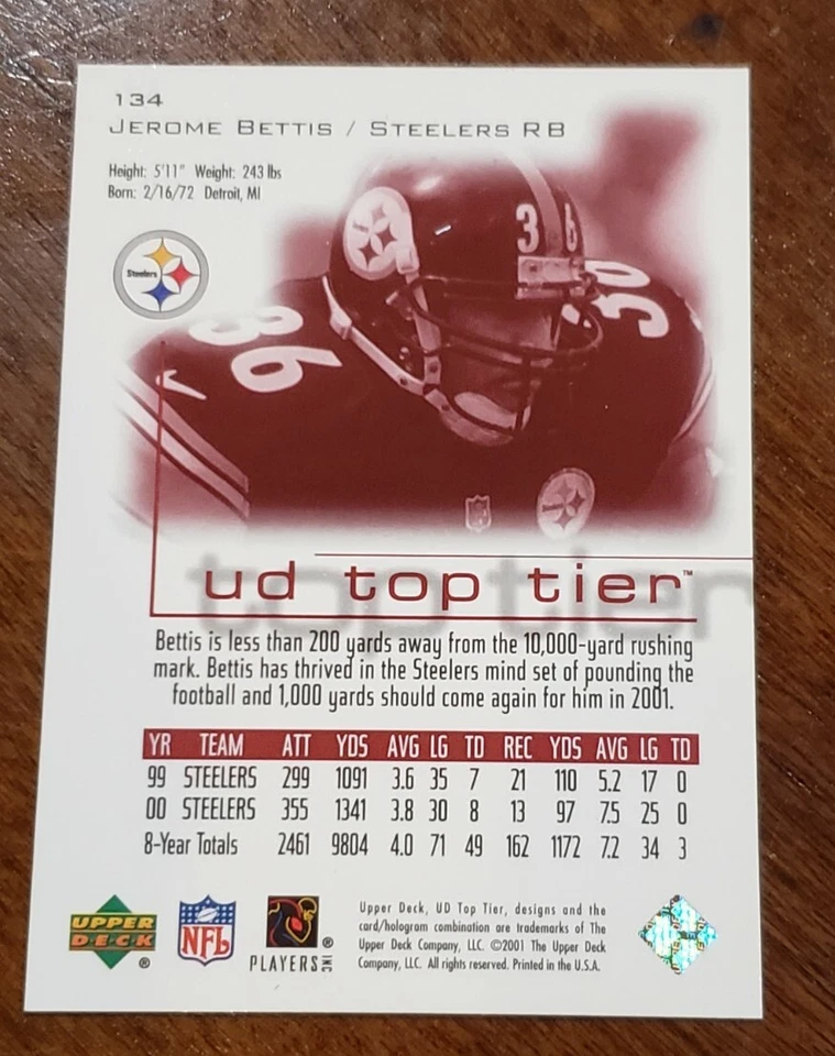 2001 Upper Deck Top Tier #134 Jerome Bettis - Pittsburgh Steelers - Image 2 of 2