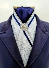 ERA Fiona Silver & White Brocade Stock Tie -  Navy Centre, Silver Brooch