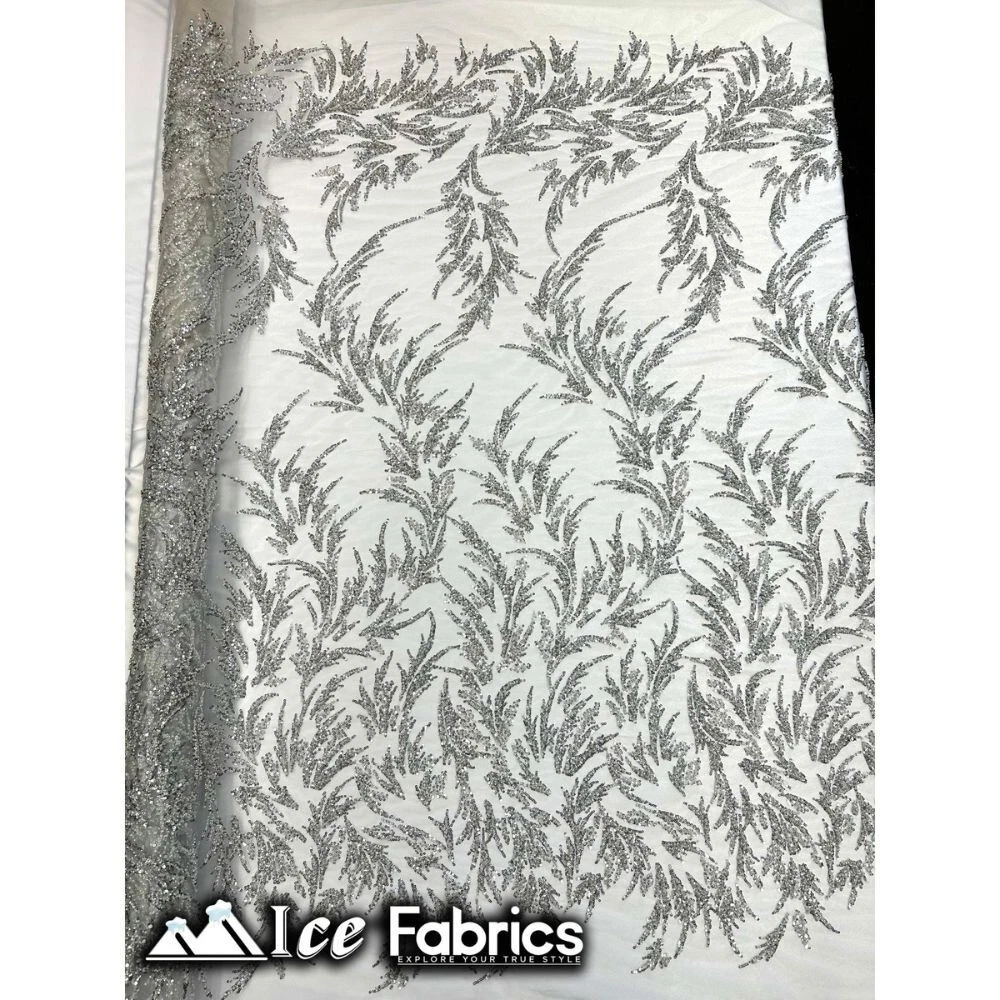 Silver Floral Lace Beaded Fabric By Yard On Mesh Fabric LV