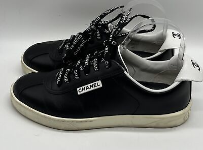 Chanel Black Leather Logo Lace-Up CC-Heel Flap Sneaker sz Chanel Black Leather Logo Lace-Up CC-Heel Flap Sneaker sz