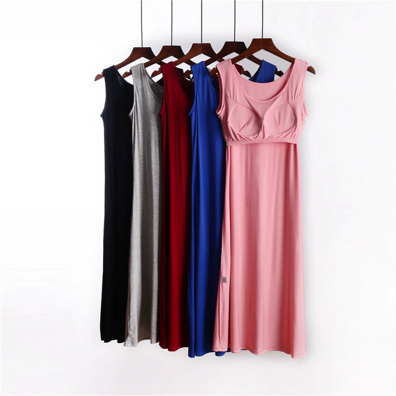 Soft Built In Bra Wireless Midi Cami Tank Dress Patio Nightgown