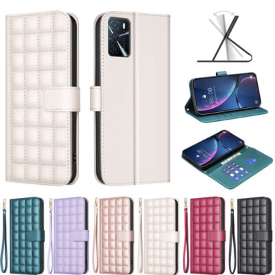 Grid Leather Phone Case For OPPO A94 A54 A93 A74 Realme 12 11 C55 Reno 11F