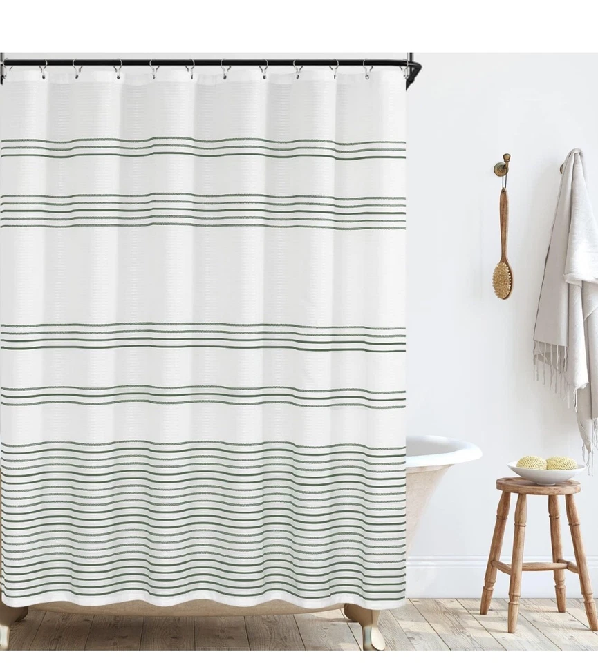 jinchan White Fabric Shower Curtain with Green Stripes- Waterproof Bath 70x72” - Image 2 of 4