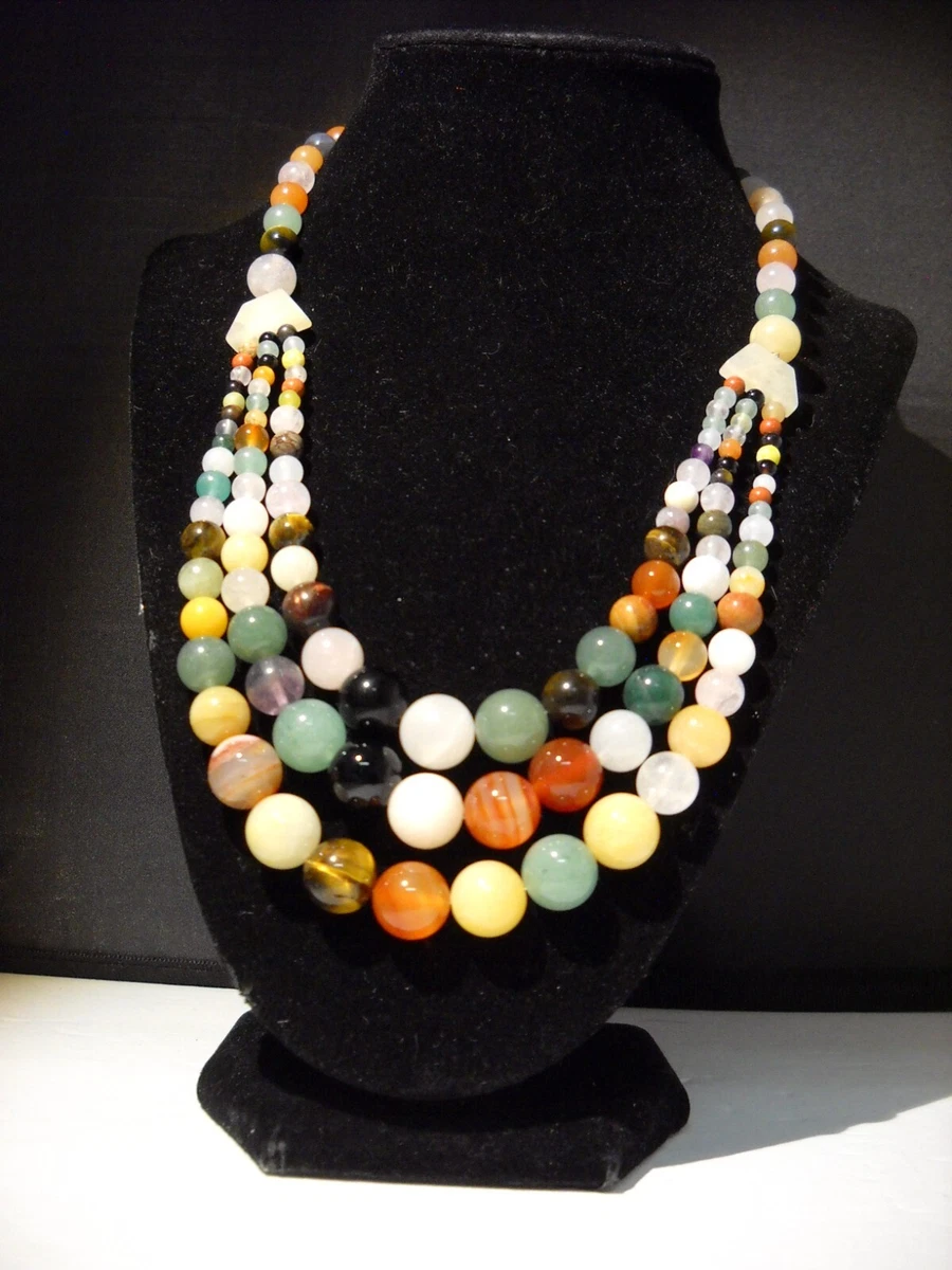 Semi Precious Gemstone Necklace Multi Strand Jade Rose Quartz Tigers Eye 266