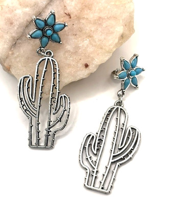 2 5/8''L Fun Southwestern Silver Cactus Outline Turquoise Beaded Flower Earrings