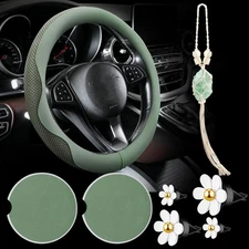 BBTO 4 Car Accessory Set, Steering Wheel Cover, Ceramic Coasters, Sage Green 