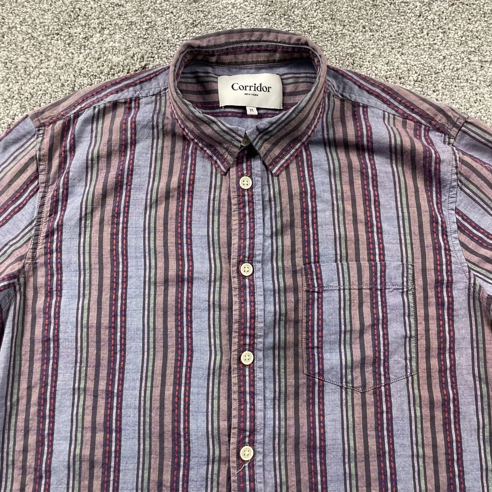 Camisa Corridor NYC Hombre Mediana Púrpura Rayas Abotonada Algodón Occidental Tejida Foto 2 de 4