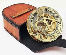 Marine Sundial Compass with Leather Case Nautical Brass Compass Lot of 10 Pcs