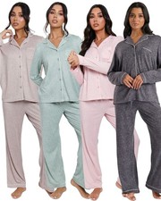 Ladies Long Sleeve Pyjamas Marl Brushed Rib Buttoned Pajamas Cosy PJs