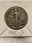 1942-D Walking Liberty Half Dollar; 90% Constitutional Silver