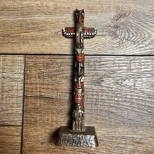Vintage BOMA Canada Hand Painted Wooden Totem Pole Figurine 9”