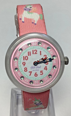 Flik Flak Swiss Unicorn Rainbow Watch Pink White Gemmed New Battery