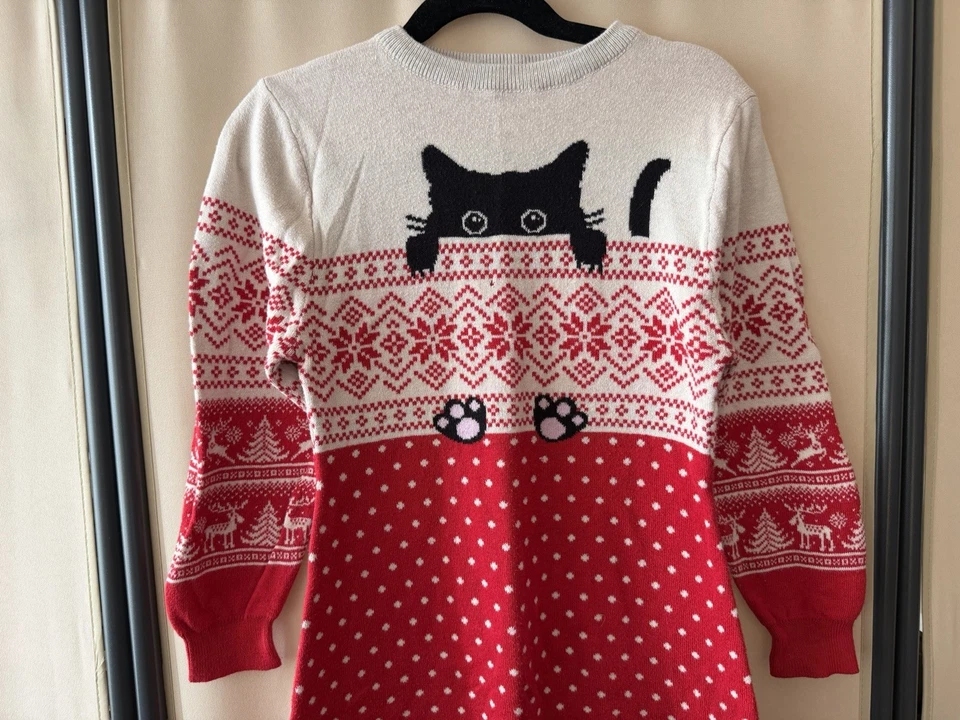 Niñas Vestido Navidad Navidad Tejido Suéter 7/8 Años Navidad Gato Foto 3 de 4