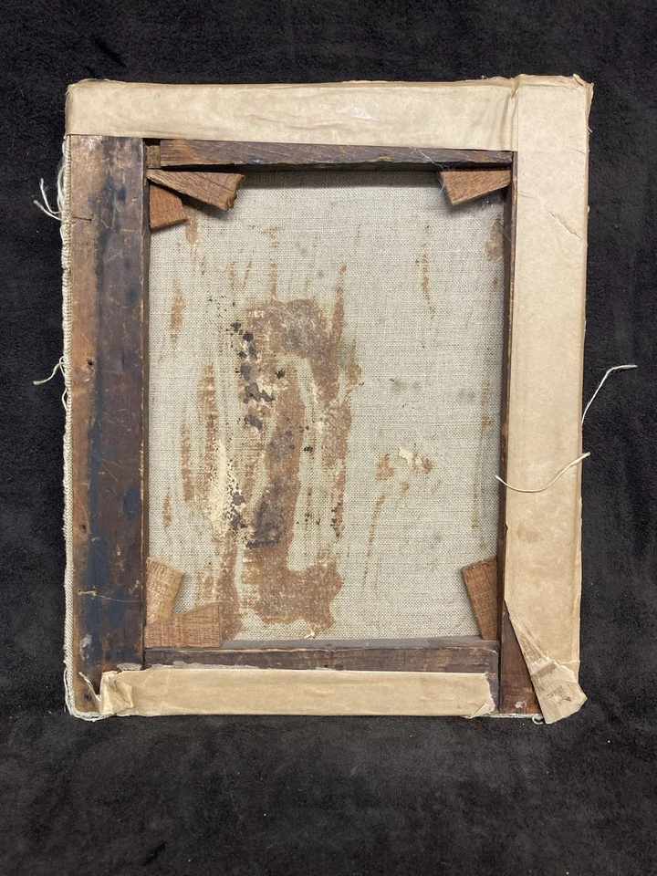 Antigua pintura al óleo sobre lienzo de monje de taberna 8x10 arte antiguo rústico dañado revestimiento Foto 3 de 4